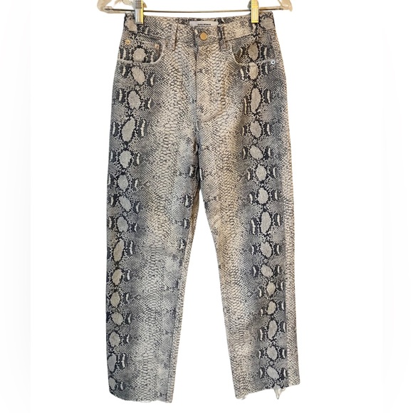 Zara Jeans Snake Print High Waist Straight Raw Hem Cream Black - Picture 2 of 9